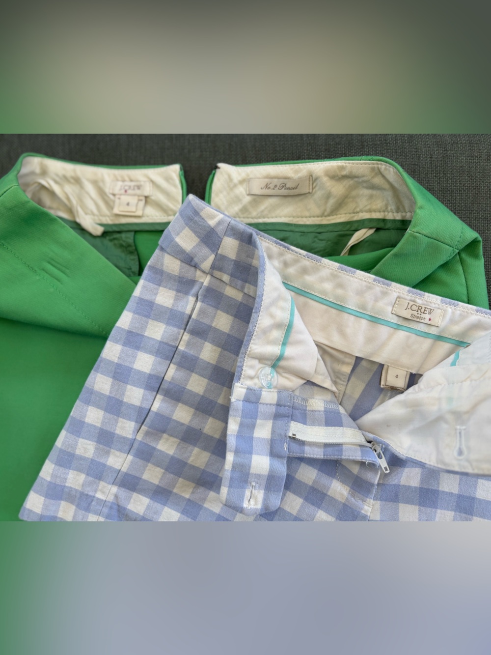 J. Crew Green Pencil Skirt with Light Blue/White Gingham Shorts - Picture 3 of 10